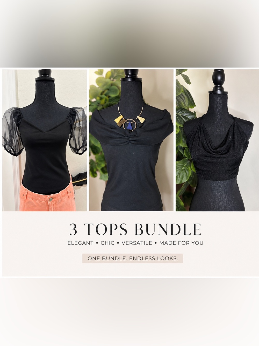 Express Women's Black 3-Top Bundle - Sheer Puff, Ruched Square, Cowl Crop